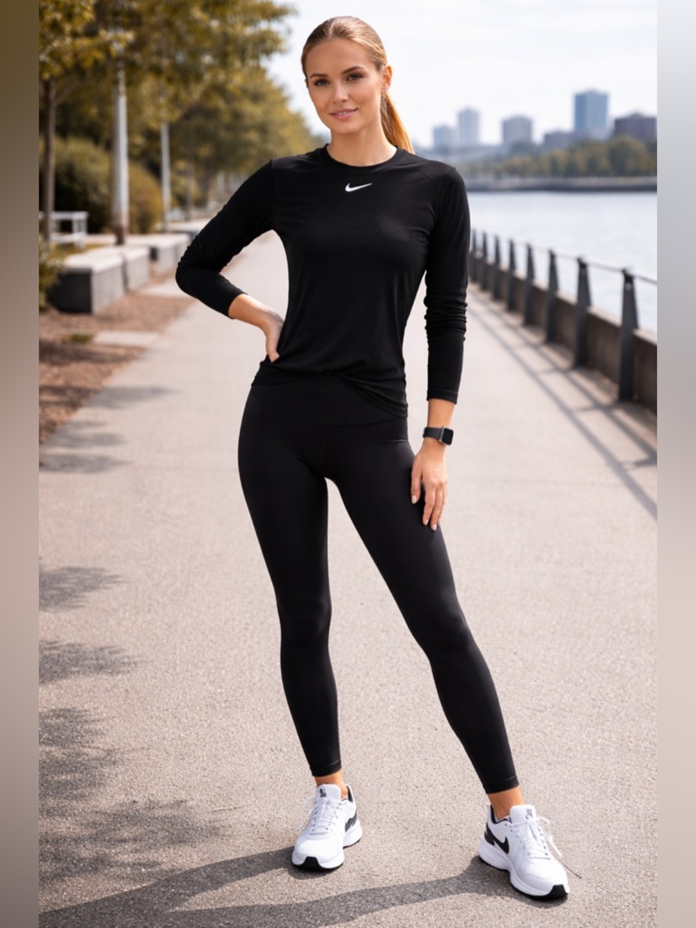 NIKE Dri-Fit Women's Black Quick Dry Long Sleeve Athletic Workout Tee L